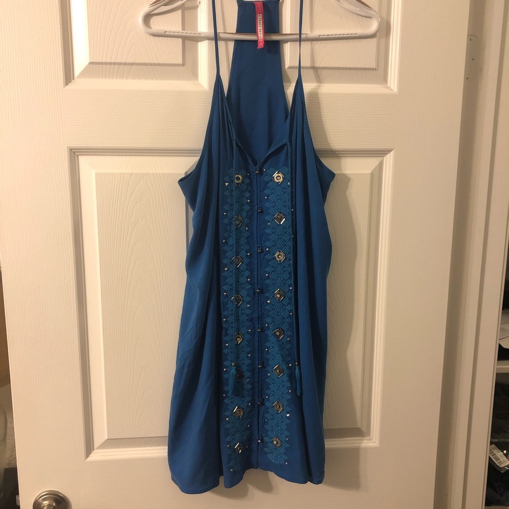 Plenty by Tracy Reese Blue Racerback Silk Mini Dress Boho Studded Large